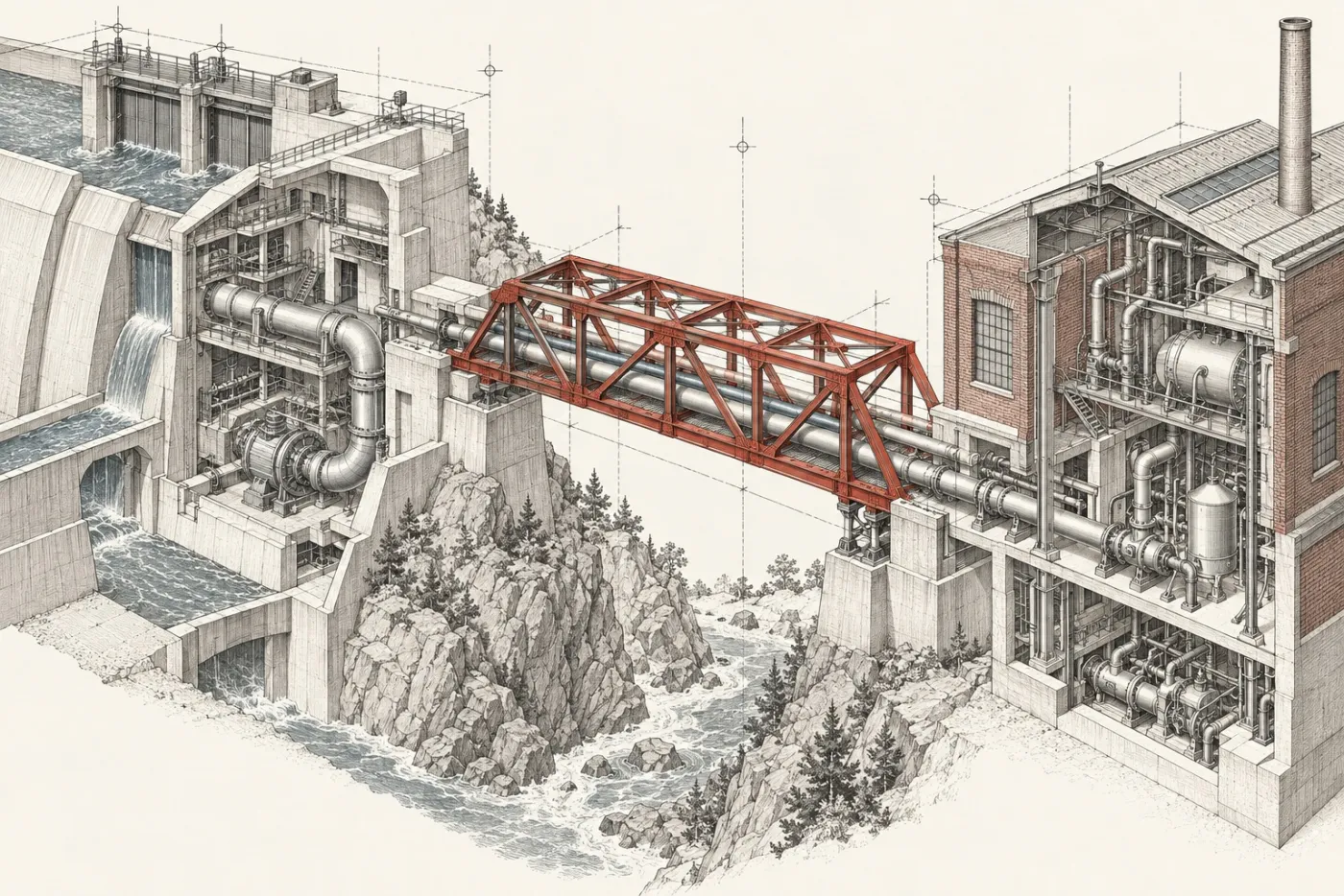 Technical illustration of two differently built structures joined across a gap by a newly built truss, with pipes continuing through the join