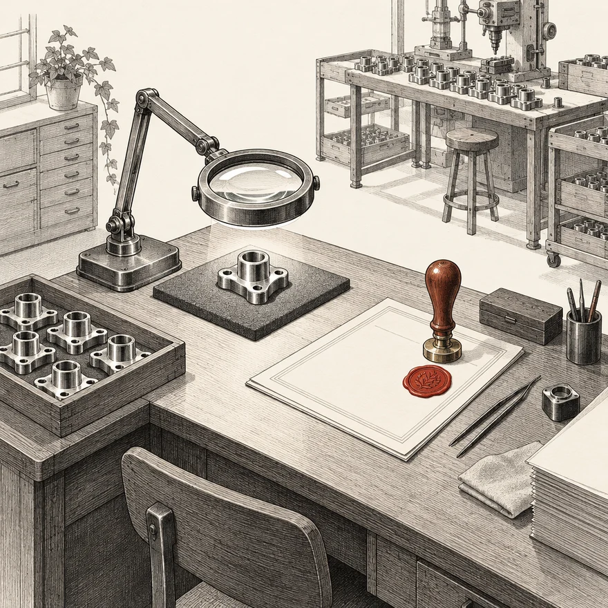 Technical illustration of an inspector's desk set apart, a finished component under a loupe beside a certificate being pressed with a wax seal