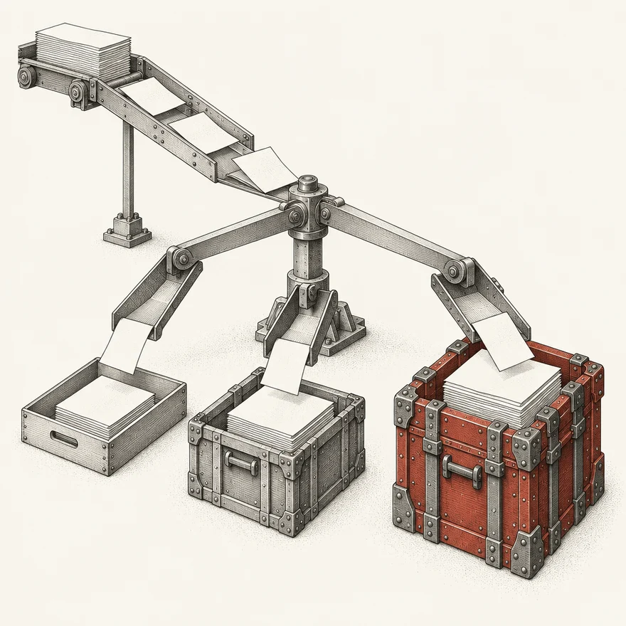 Technical illustration of a sorting arm directing document sheets into three graded bins, the heaviest armored and strapped