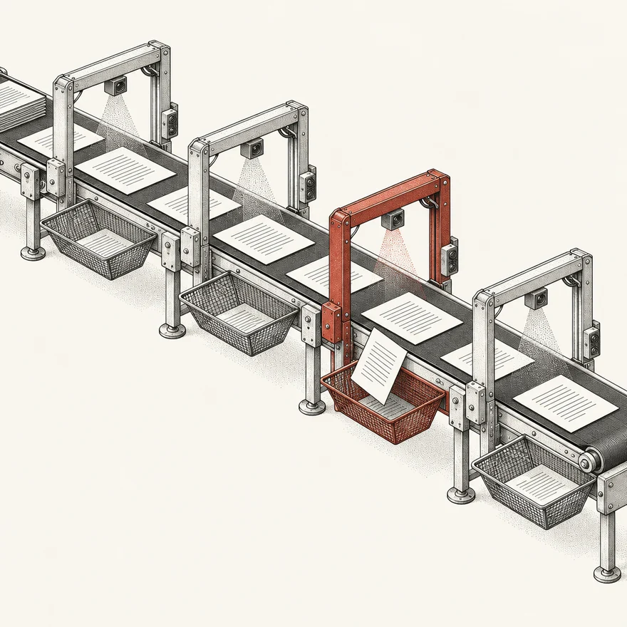Technical illustration of a conveyor path of document sheets guarded by inspection arches with catch trays beneath