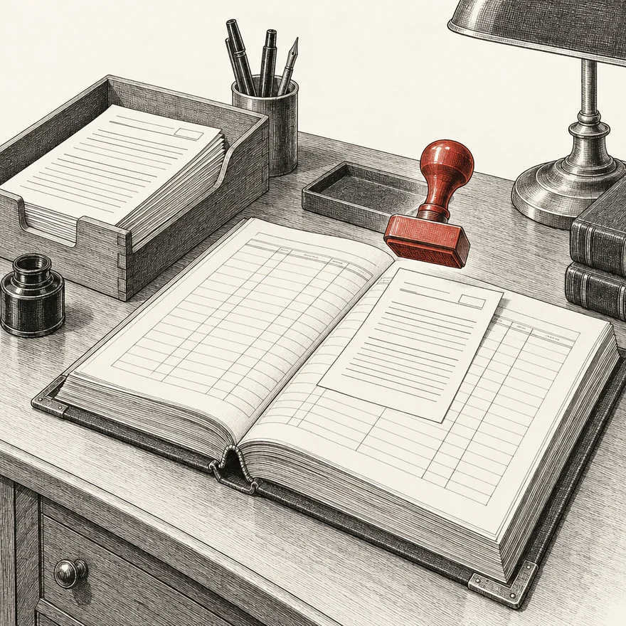 Technical illustration of an intake desk where a request sheet is stamped and entered into a bound register, queued sheets waiting in a tray