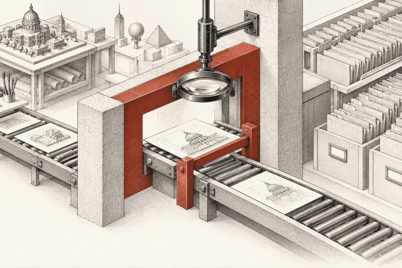 Technical illustration of a document held at a raised checkpoint barrier under an examining lens, a wall separating earlier model work from the recorded archive ahead