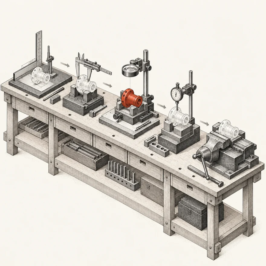 Technical illustration of a long workbench with five distinct tool stations, one component traveling station to station