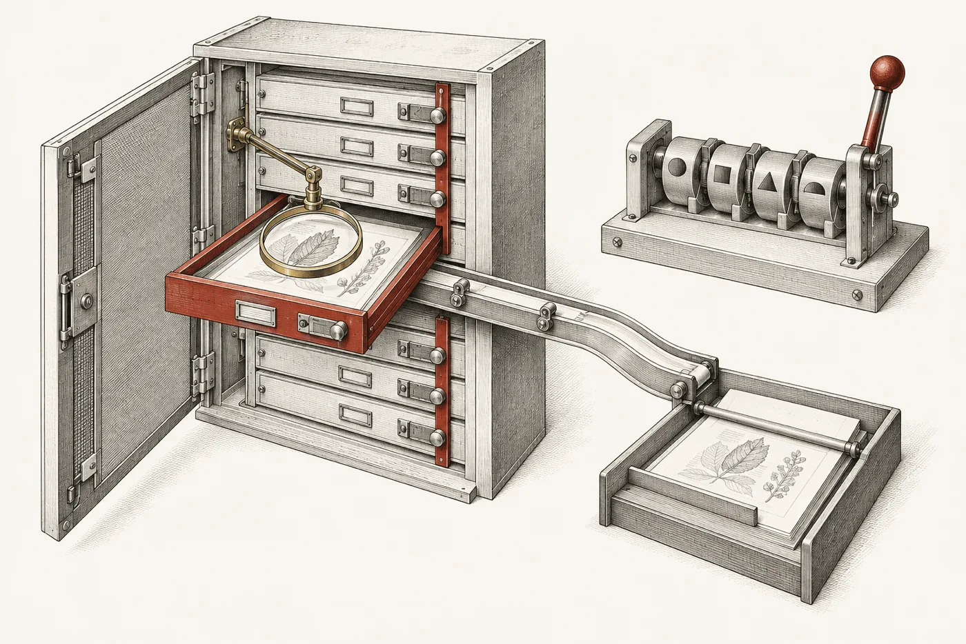 Technical illustration of an instrumented cabinet of latched document compartments, one drawer opened beneath a brass-armed magnifying lens, a separate fixed-position cam selector beside it, and a narrow channel carrying a single sheet to a collection tray