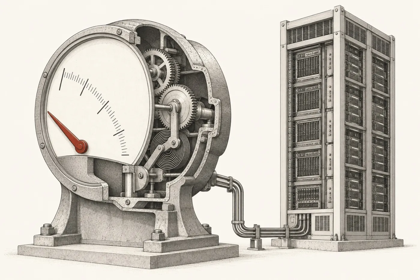 Technical illustration of a large analog meter with its needle pointing low on a descending scale, beside a stable instrumented structure
