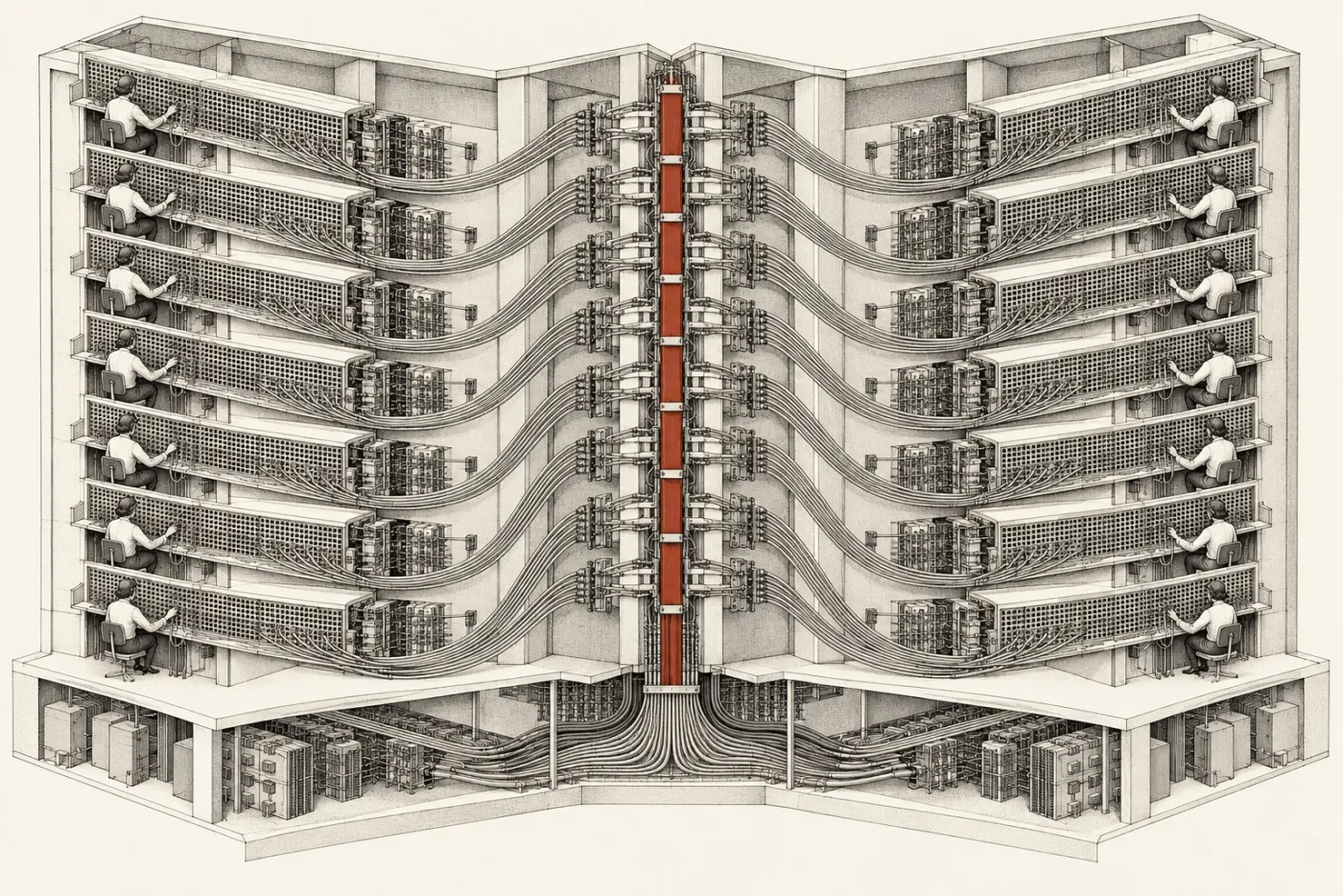Technical illustration of a large routing board where sixteen cord clusters converge on one ordered central spine