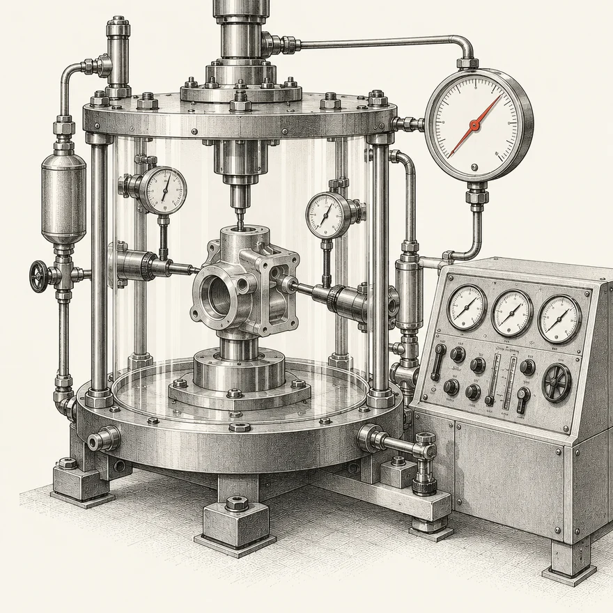 Technical illustration of a component sealed inside a glass test chamber ringed by analog gauges and measurement arms