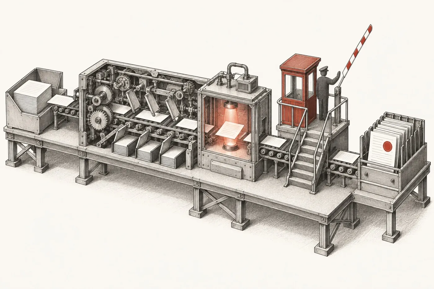 Technical illustration of a processing line in cutaway: documents travel through an intake tray, an open machinery bay, a small chamber, and a raised checkpoint booth staffed by a standing figure, ending in a filed archive