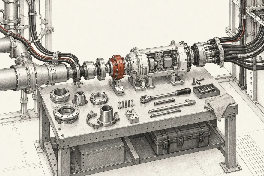 Technical illustration of a junction bench where a half-assembled instrument is being joined to heavy cables and pipes arriving from the edges of the scene