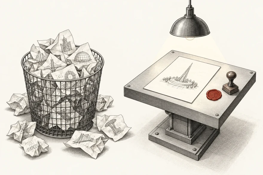 Technical illustration of a weighing station where rejected proposal sheets fill a bin while one surviving sheet rests on a raised platform beside a wax seal