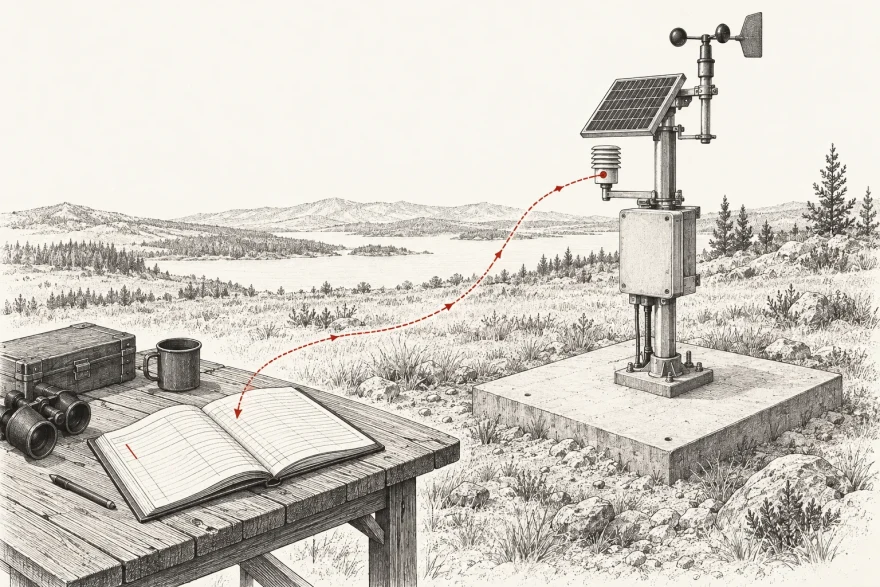 Technical illustration of an installed unit on a concrete pad in open ground with a thin line drawn from its sensor back to an open logbook on a field table
