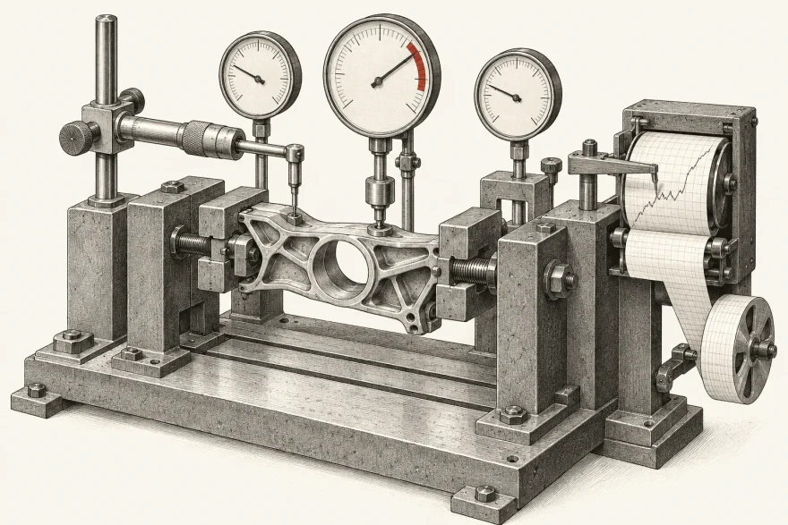 Technical illustration of a stress-test rig where gauges, a micrometer arm, and a chart recorder press against a clamped component while a paper tape of results spools out
