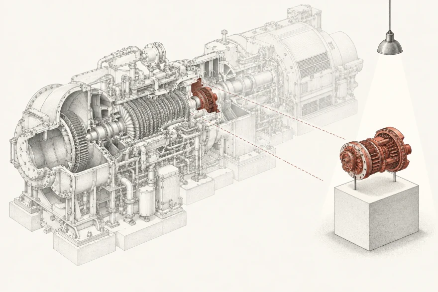 Technical illustration of a large complex machine in faint linework with one small subsection lifted out and mounted alone on a pedestal under a spotlight