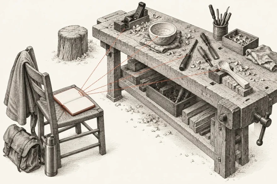 Technical illustration of an observer's chair and open notebook beside a working bench, with sight lines drawn from the notebook to specific objects in mid-use